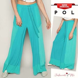 POL High Rise Color Blocked Design Drawstring Wide Leg Palazzo Pants | Turquoise